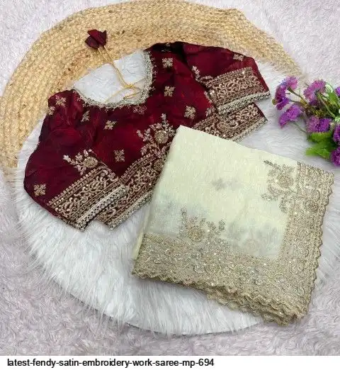 LATEST FENDY SATIN EMBROIDERY WORK SAREE MP 694 A