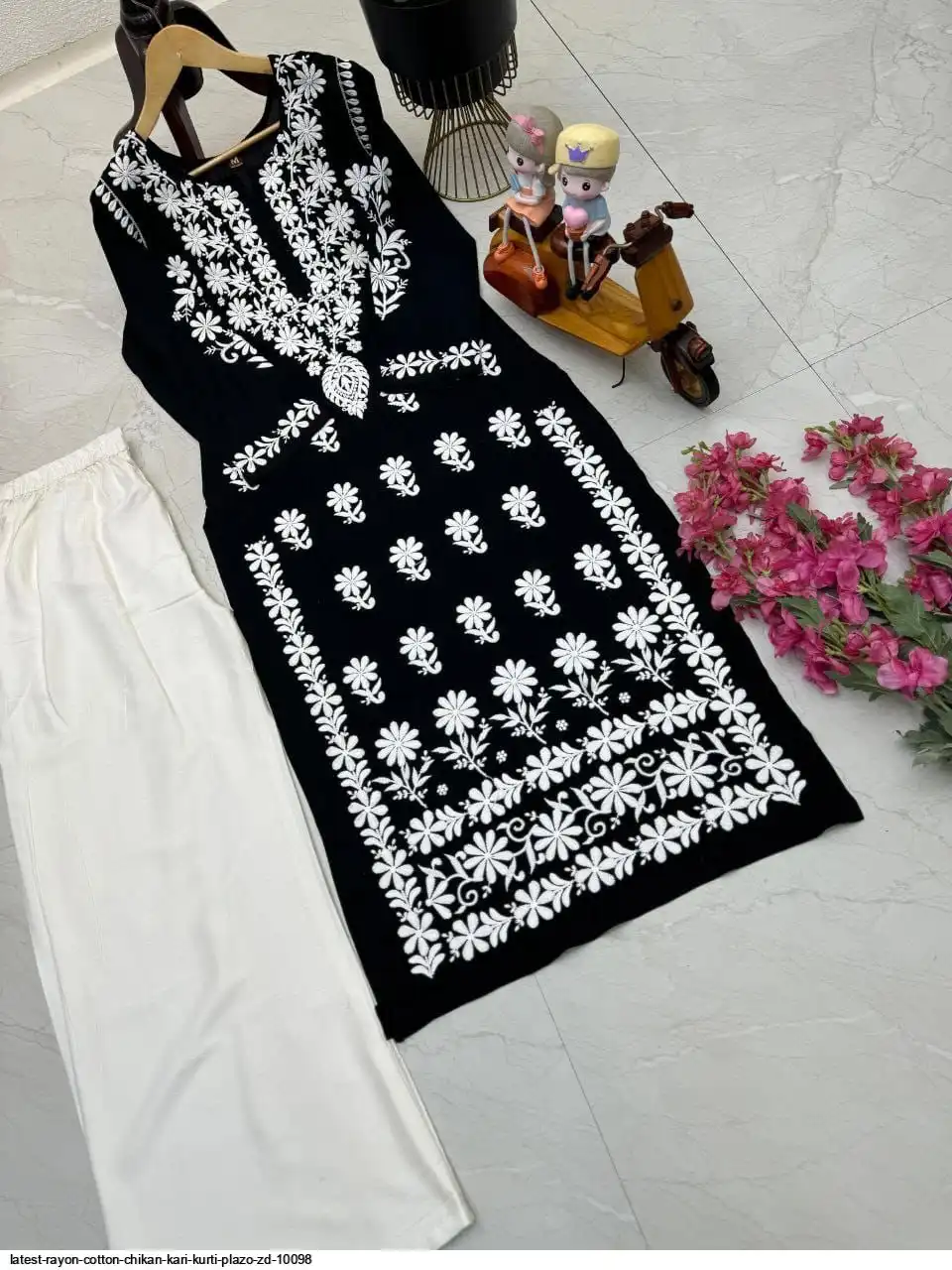 LATEST Rayon Cotton Chikan Kari KURTI PLAZO ZD 10098