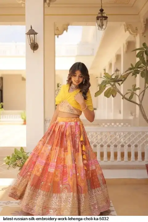 LATEST RUSSIAN SILK EMBROIDERY WORK LEHENGA CHOLI KA 5032 A
