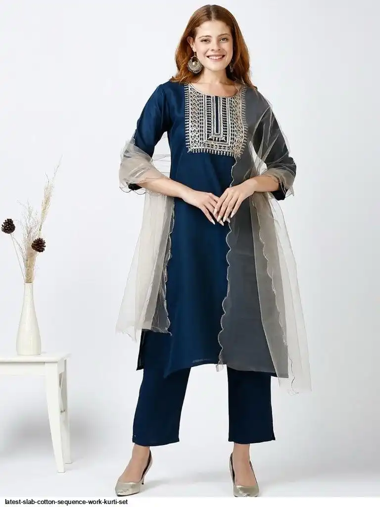LATEST SLAB COTTON SEQUENCE WORK KURTI SET E