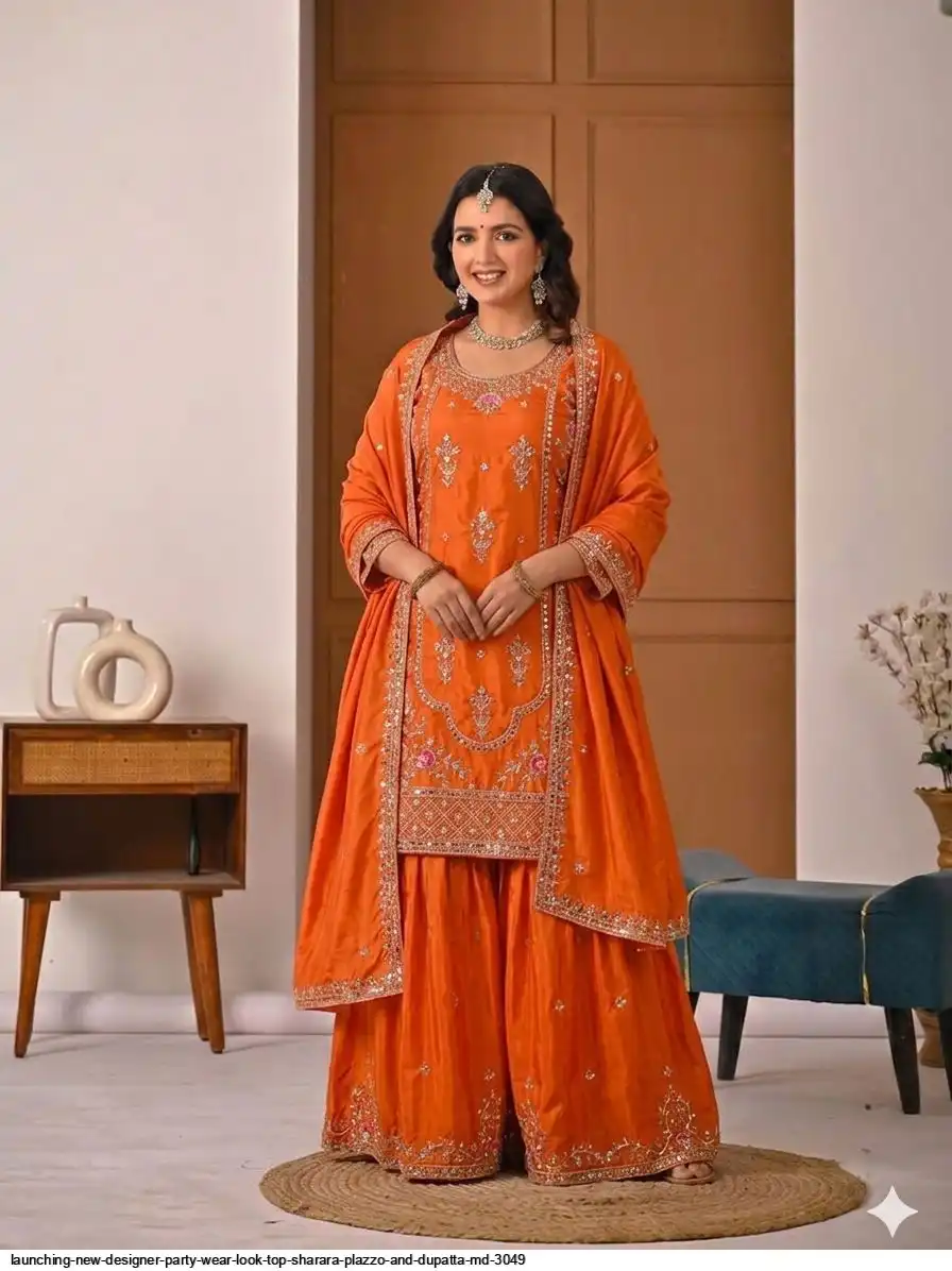 LAUNCHING NEW DESIGNER PARTY WEAR LOOK TOP SHARARA PLAZZO AND DUPATTA MD 3049 A