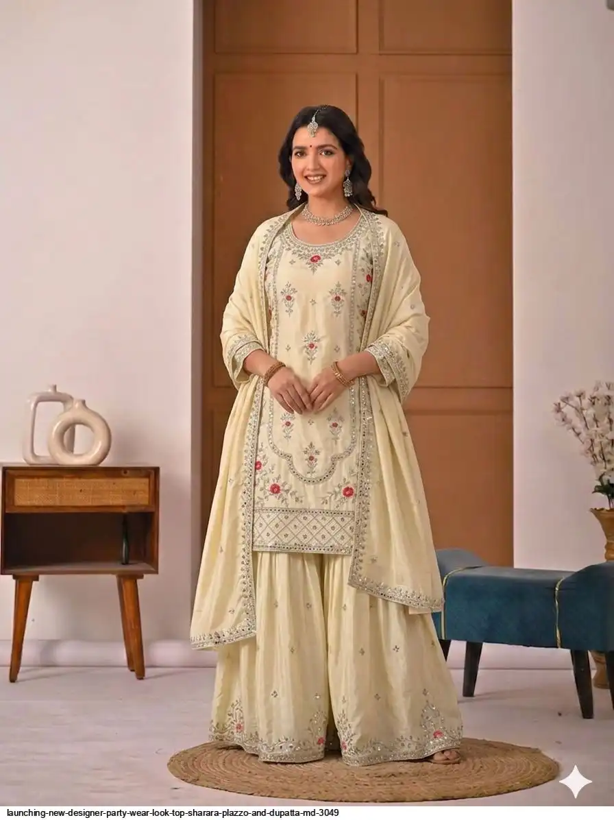 LAUNCHING NEW DESIGNER PARTY WEAR LOOK TOP SHARARA PLAZZO AND DUPATTA MD 3049 B