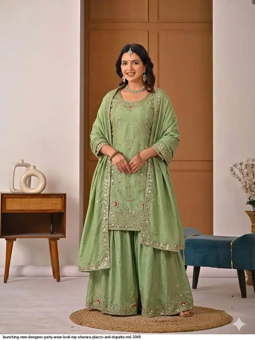 LAUNCHING NEW DESIGNER PARTY WEAR LOOK TOP SHARARA PLAZZO AND DUPATTA MD 3049 C