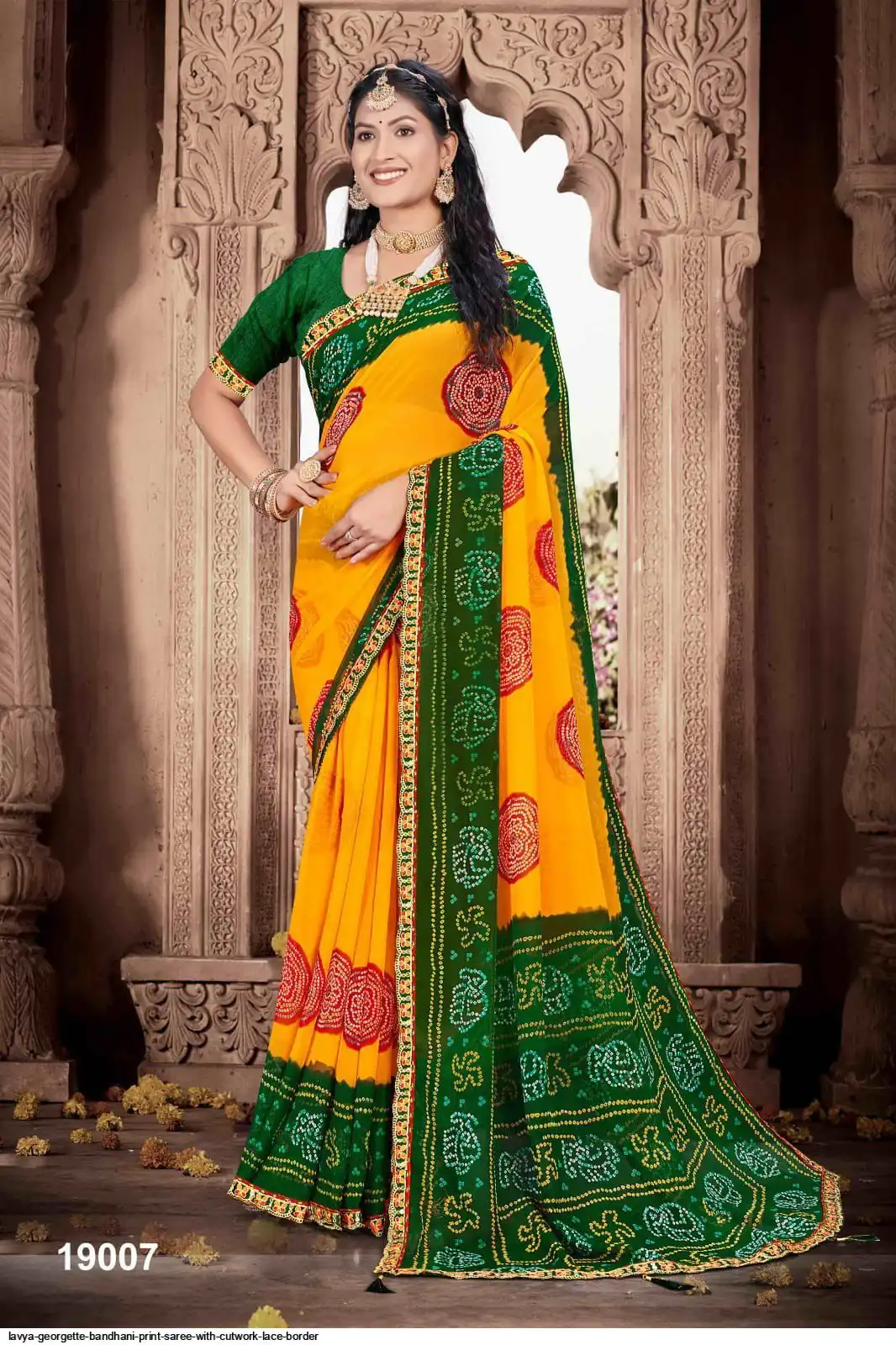 Lavya Fancy Bandhani Print Saree With Cutwork Lace Border Gorget