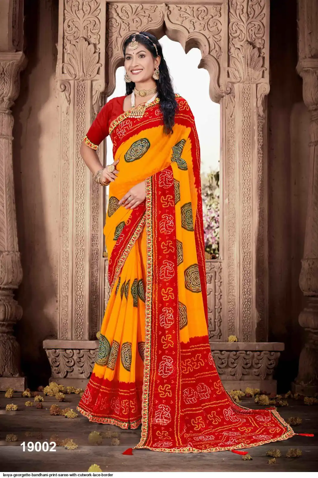 Lavya Fancy Bandhani Print Saree With Cutwork Lace Border Gorget