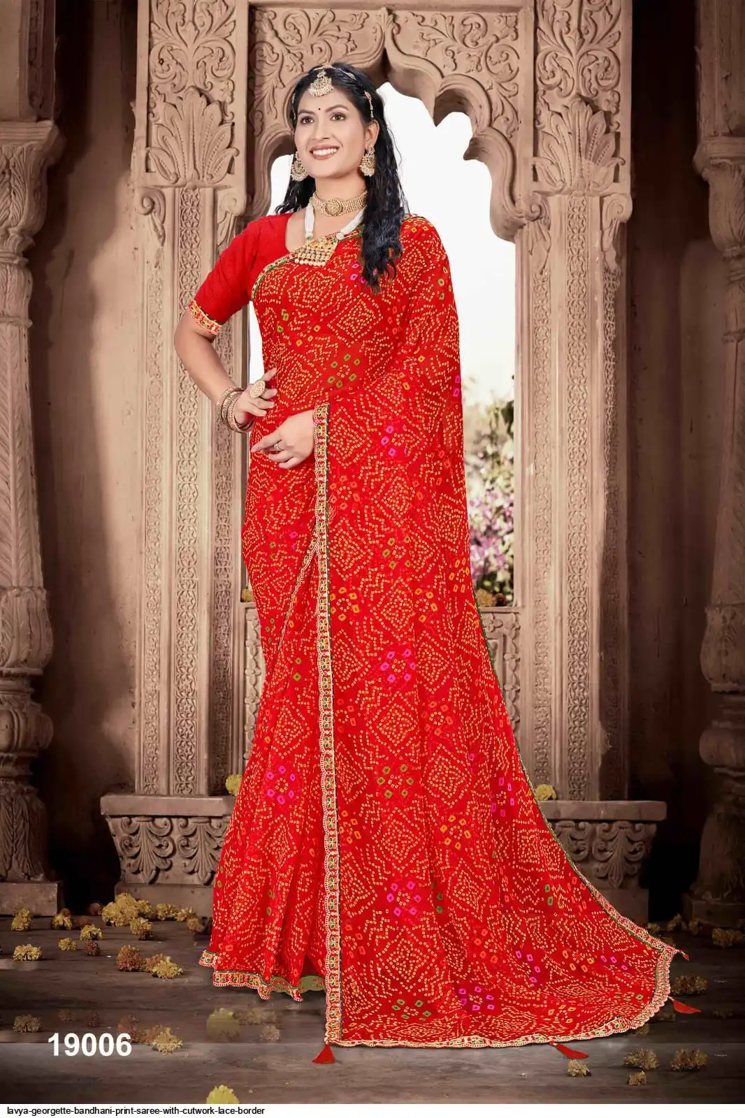 Lavya Fancy Bandhani Print Saree With Cutwork Lace Border Gorget