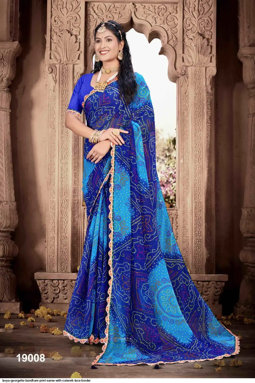 Lavya Fancy Bandhani Print Saree With Cutwork Lace Border Gorget