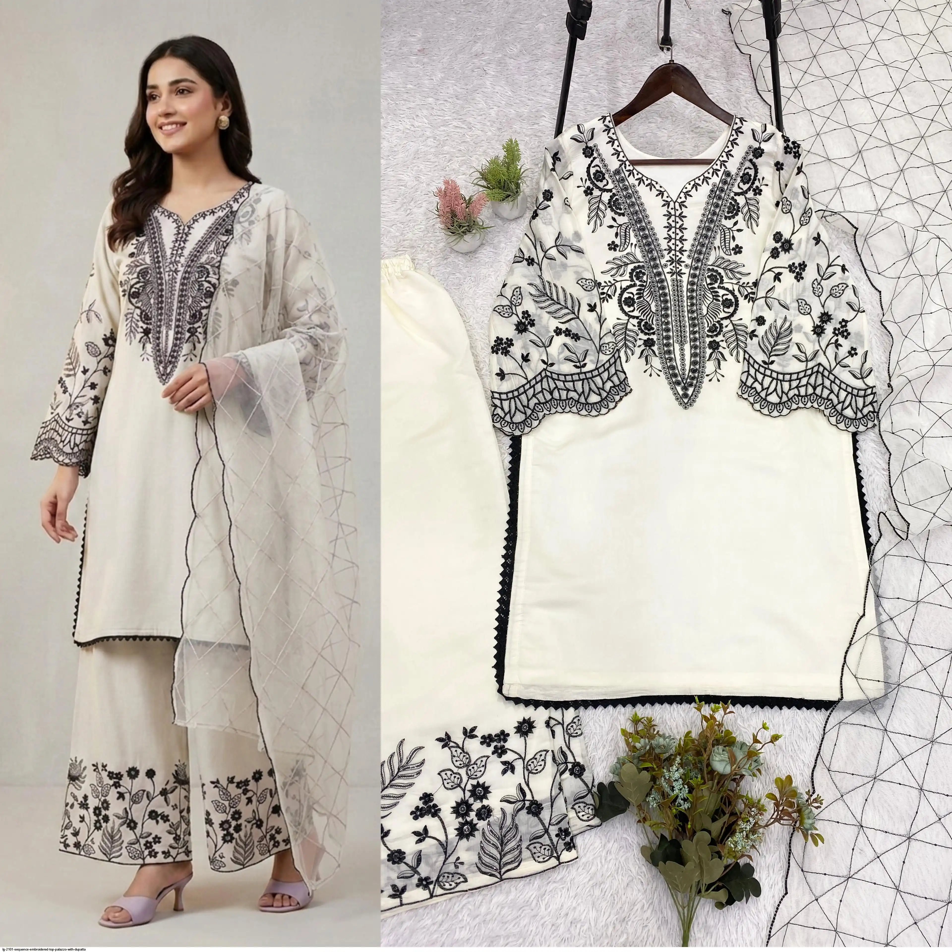 LG 2101 SEQUENCE EMBROIDERED TOP PALAZZO WITH DUPATTA A
