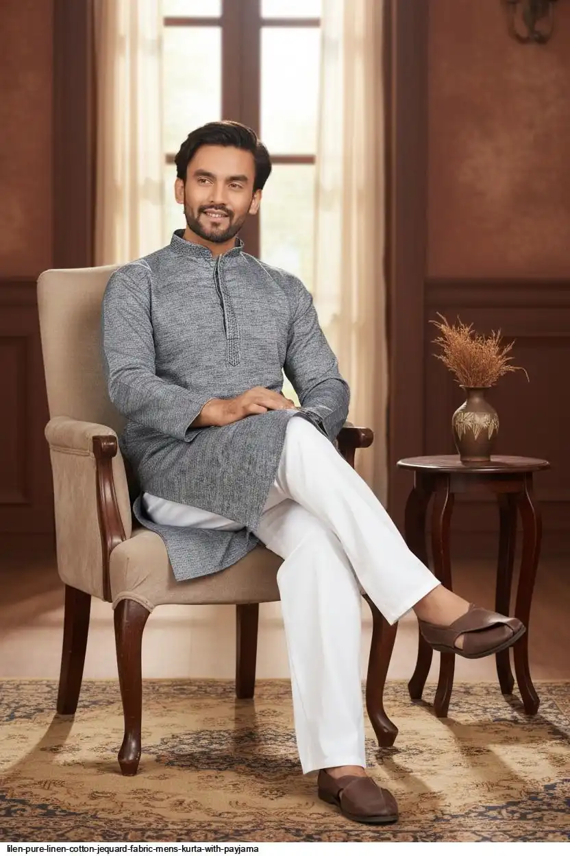 LILEN PURE LINEN COTTON JEQUARD FABRIC MENS KURTA WITH PAYJAMA A
