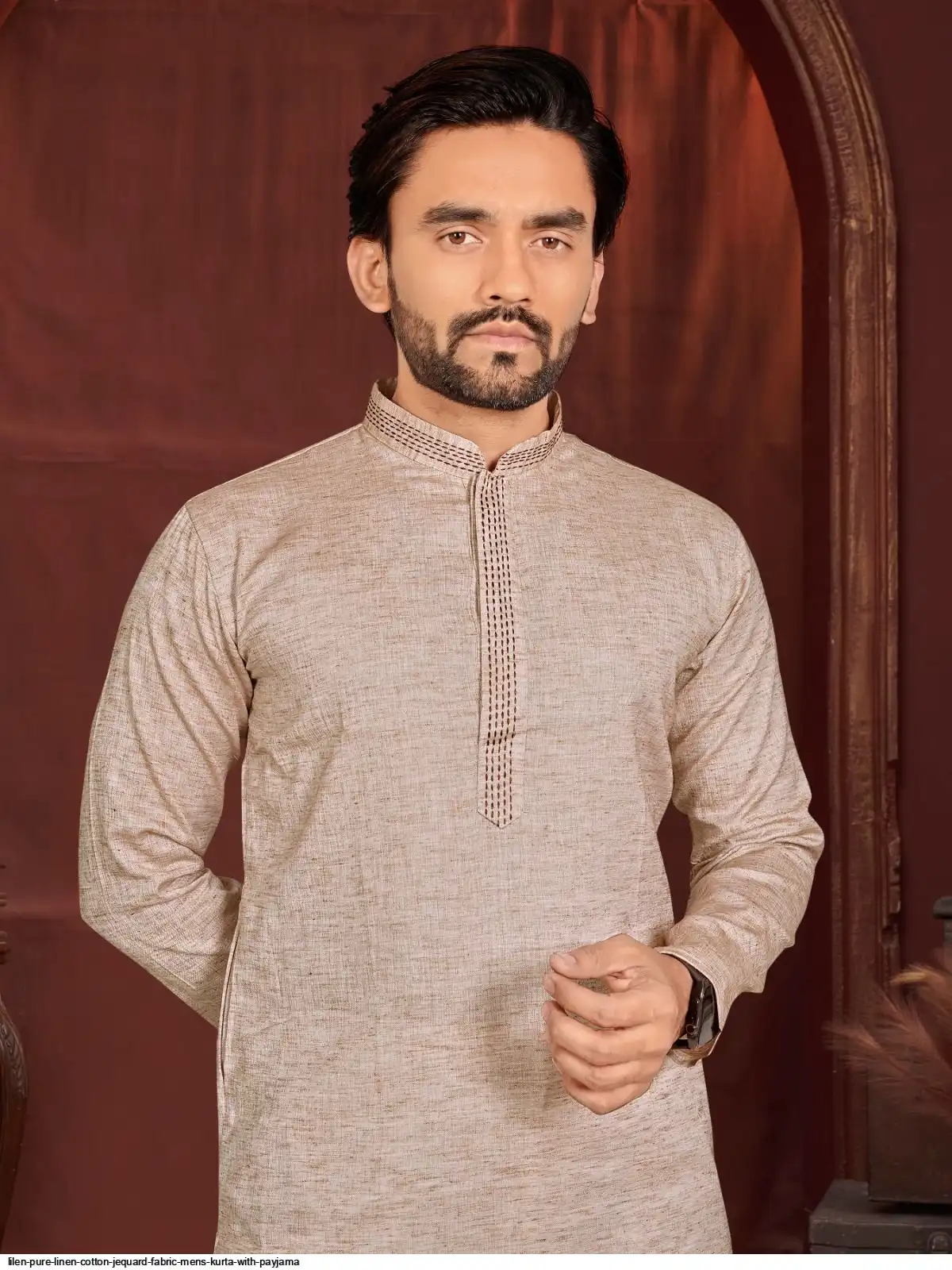 LILEN PURE LINEN COTTON JEQUARD FABRIC MENS KURTA WITH PAYJAMA B