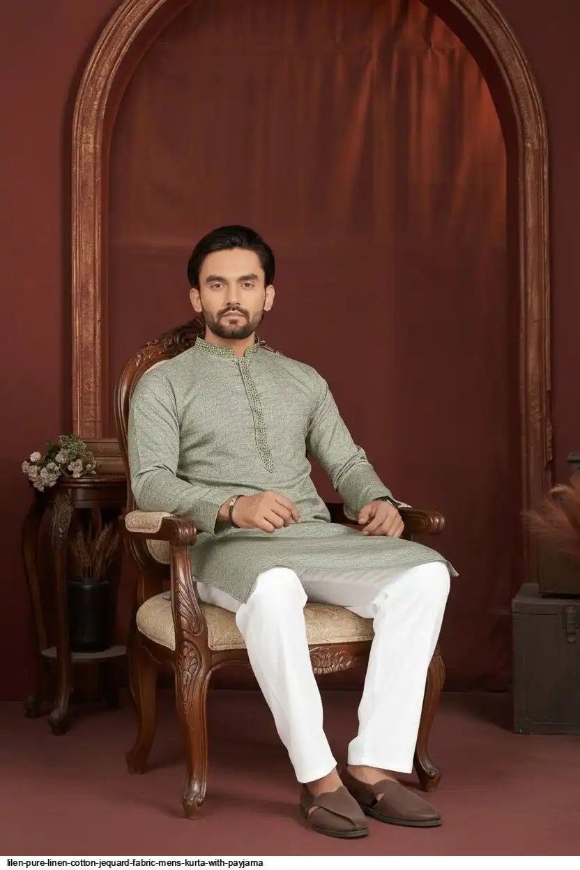 LILEN PURE LINEN COTTON JEQUARD FABRIC MENS KURTA WITH PAYJAMA C