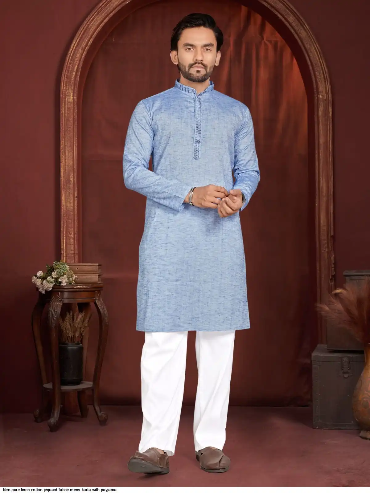 LILEN PURE LINEN COTTON JEQUARD FABRIC MENS KURTA WITH PAYJAMA D