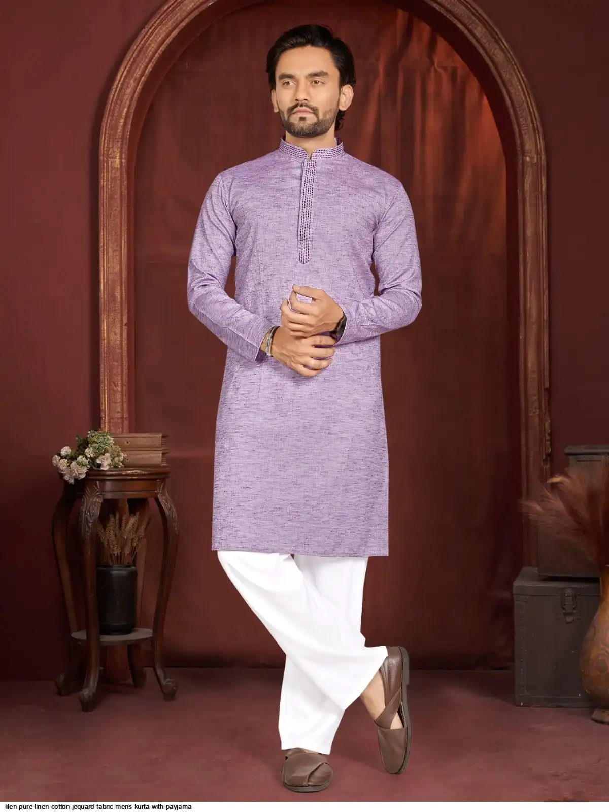 LILEN PURE LINEN COTTON JEQUARD FABRIC MENS KURTA WITH PAYJAMA E