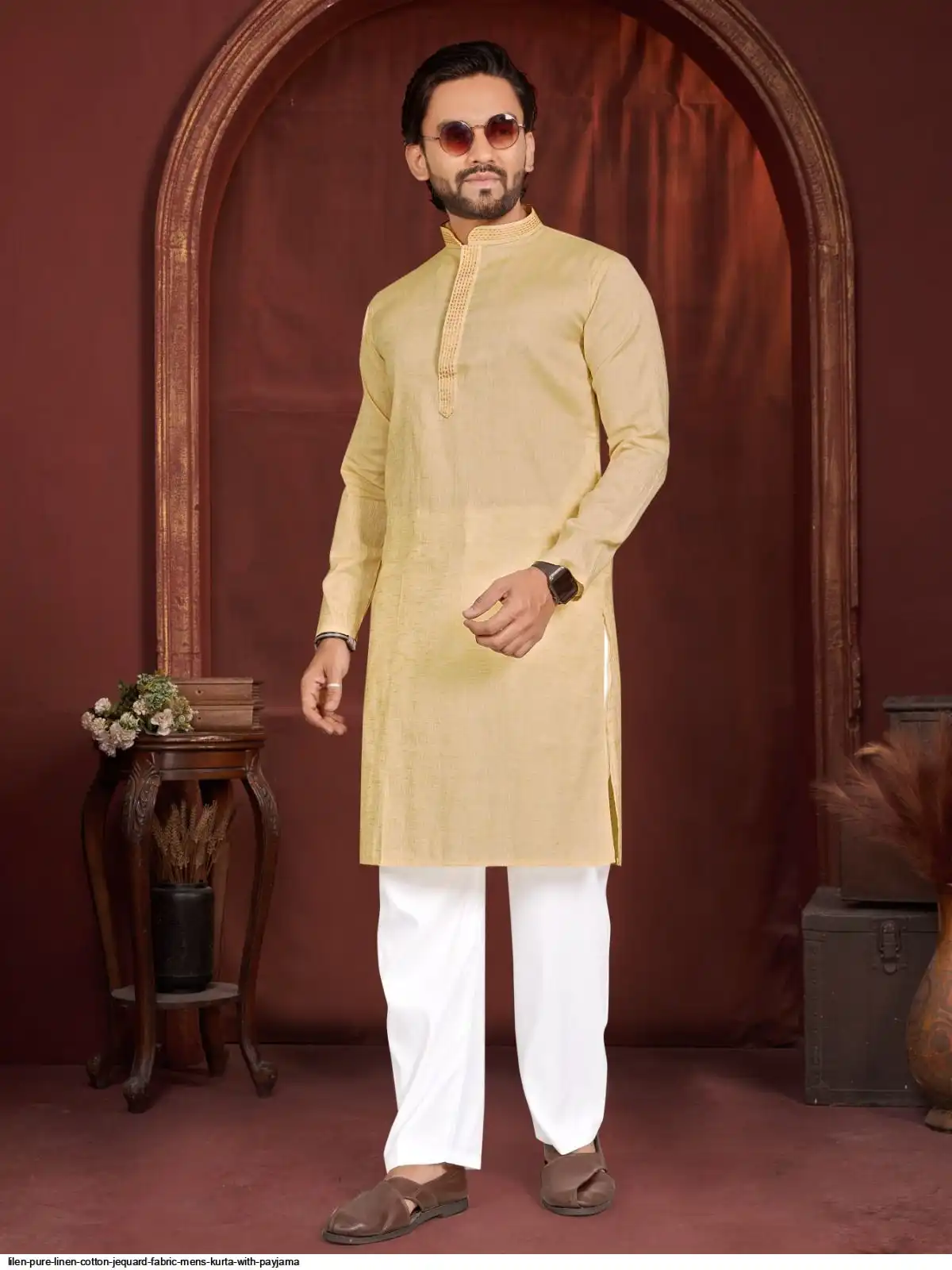 LILEN PURE LINEN COTTON JEQUARD FABRIC MENS KURTA WITH PAYJAMA F