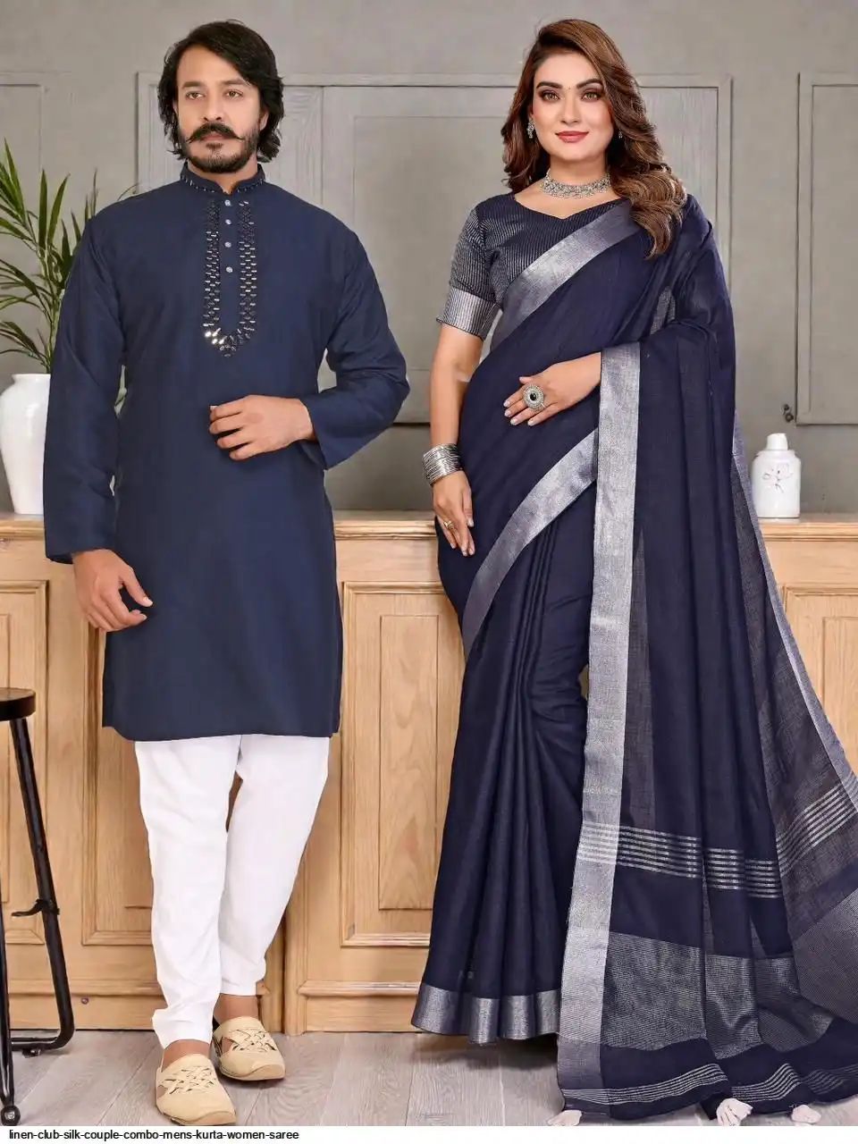 LINEN CLUB SILK COUPLE COMBO MENS KURTA WOMEN SAREE C