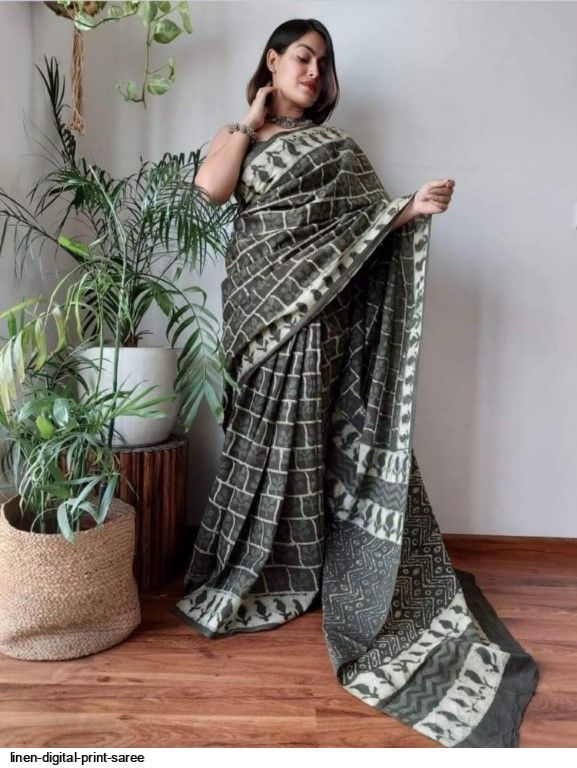 Printed Linen Saree in Light Grey : SEW11596