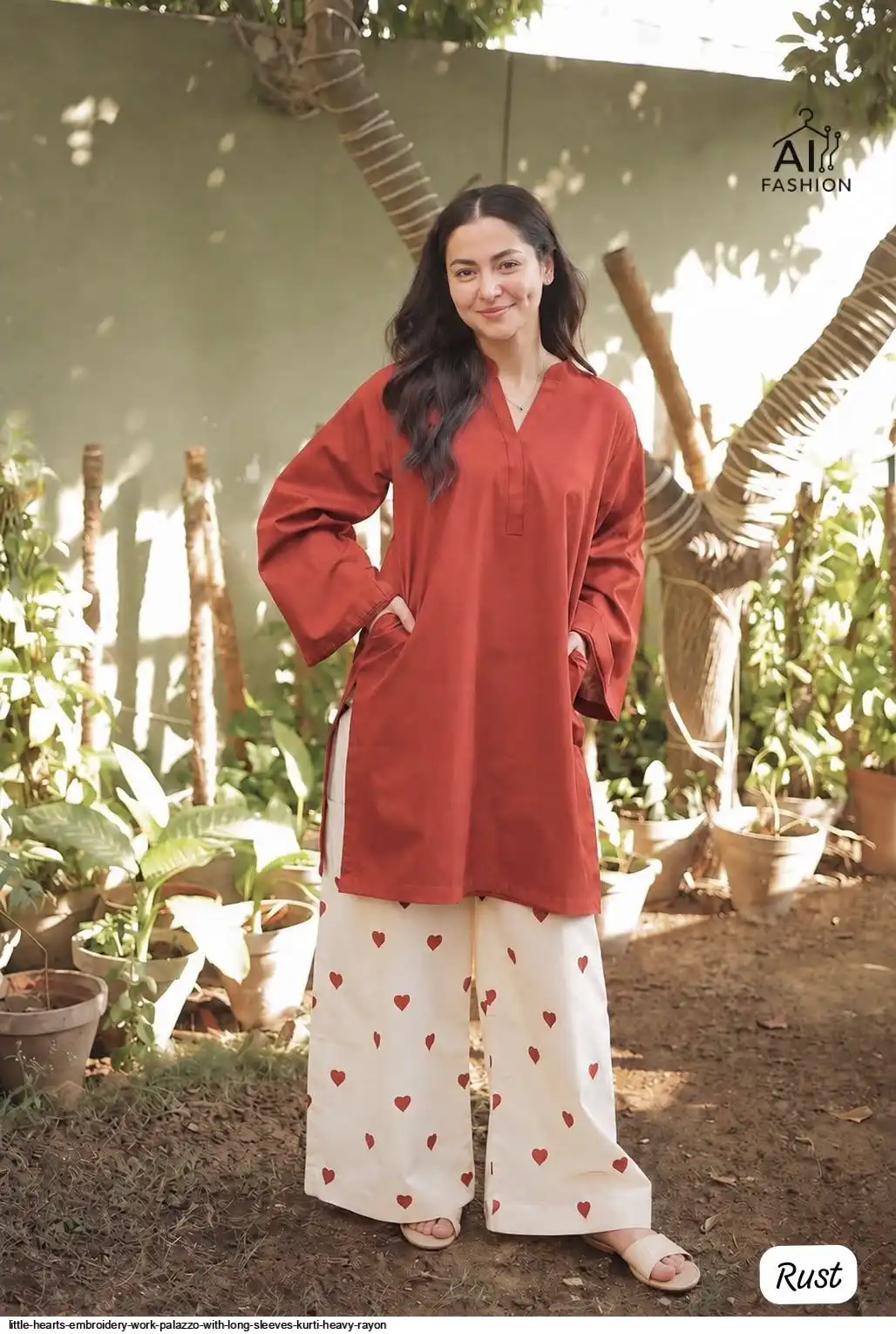 LITTLE HEARTS EMBROIDERY WORK PALAZZO WITH LONG SLEEVES KURTI HEAVY RAYON A