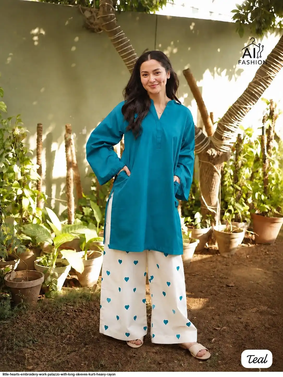LITTLE HEARTS EMBROIDERY WORK PALAZZO WITH LONG SLEEVES KURTI HEAVY RAYON C