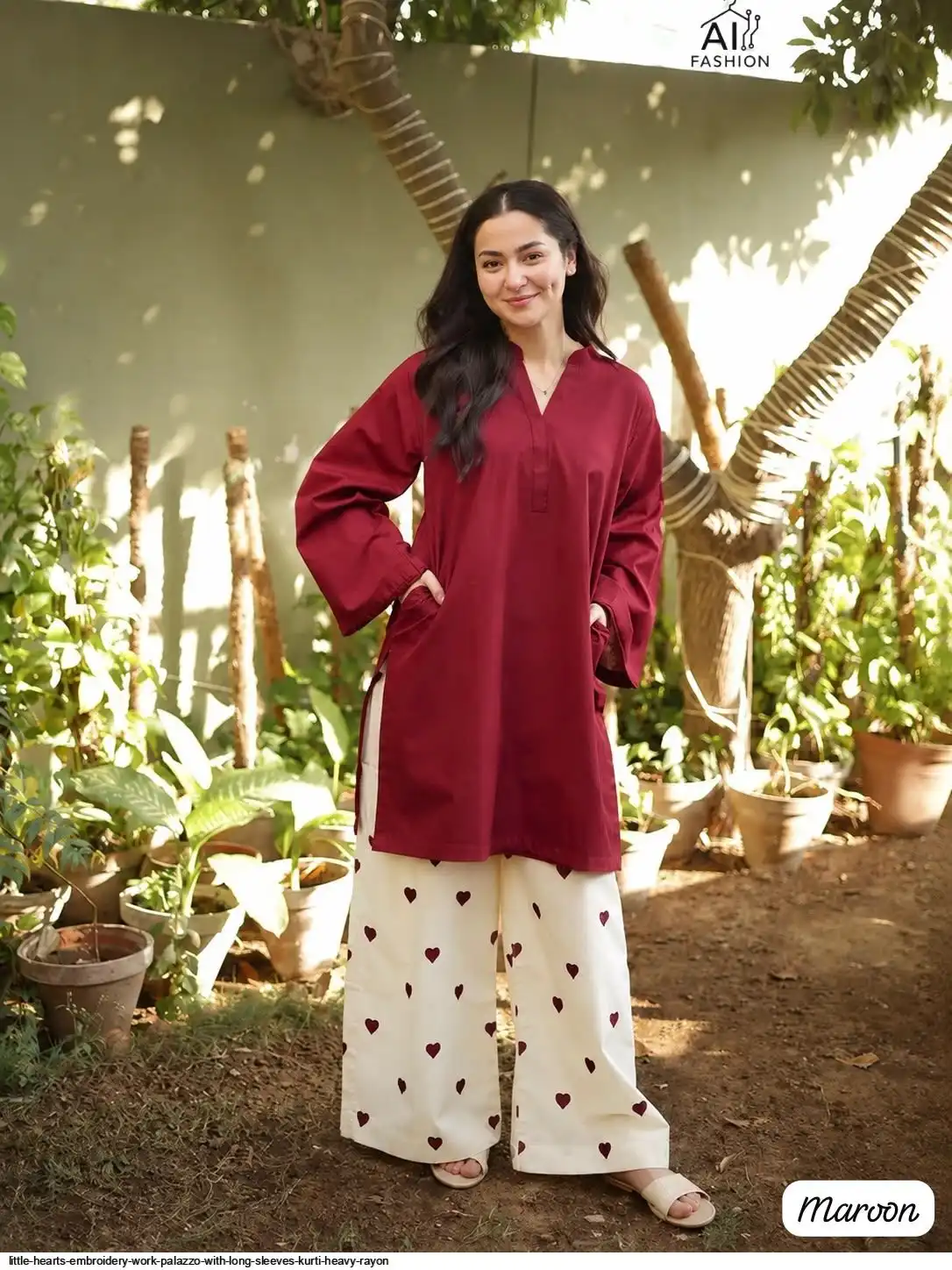 LITTLE HEARTS EMBROIDERY WORK PALAZZO WITH LONG SLEEVES KURTI HEAVY RAYON B