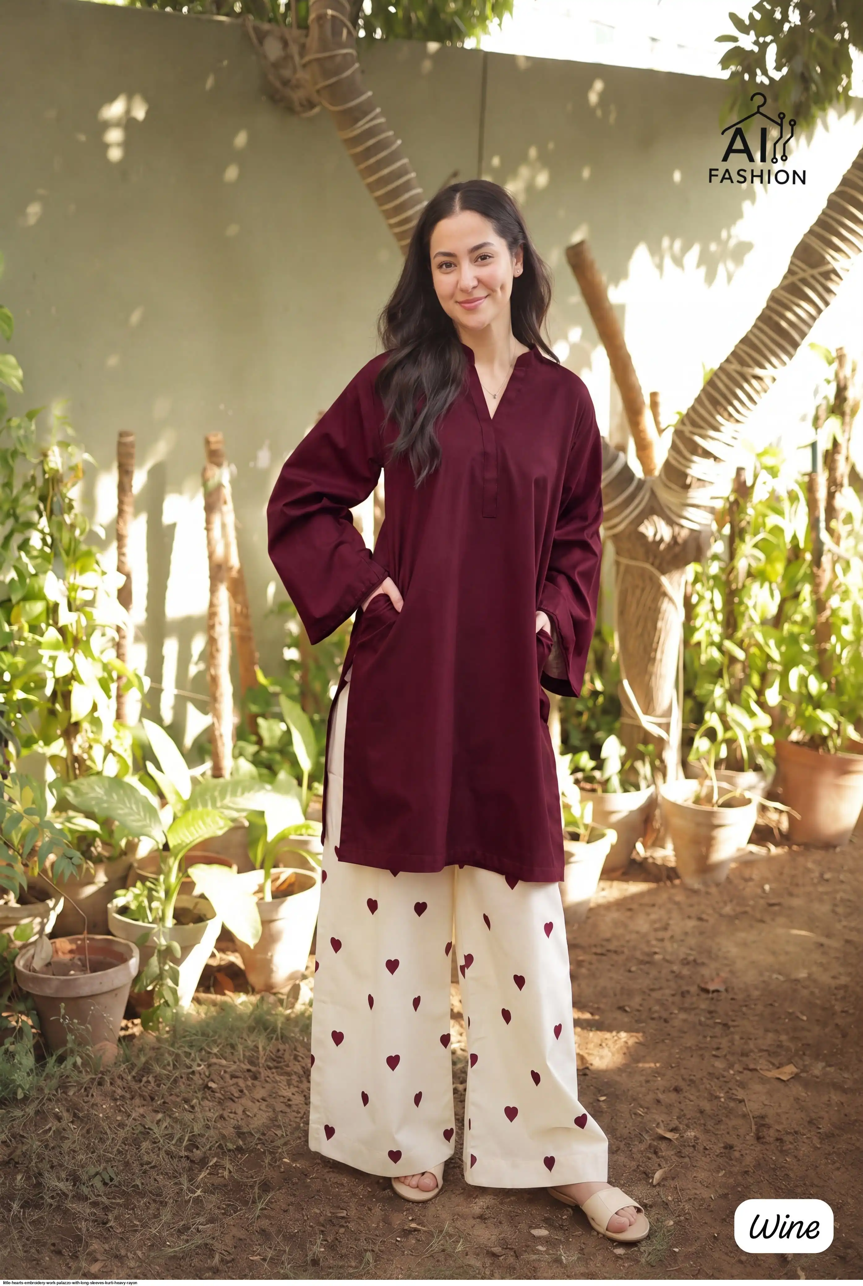 LITTLE HEARTS EMBROIDERY WORK PALAZZO WITH LONG SLEEVES KURTI HEAVY RAYON D