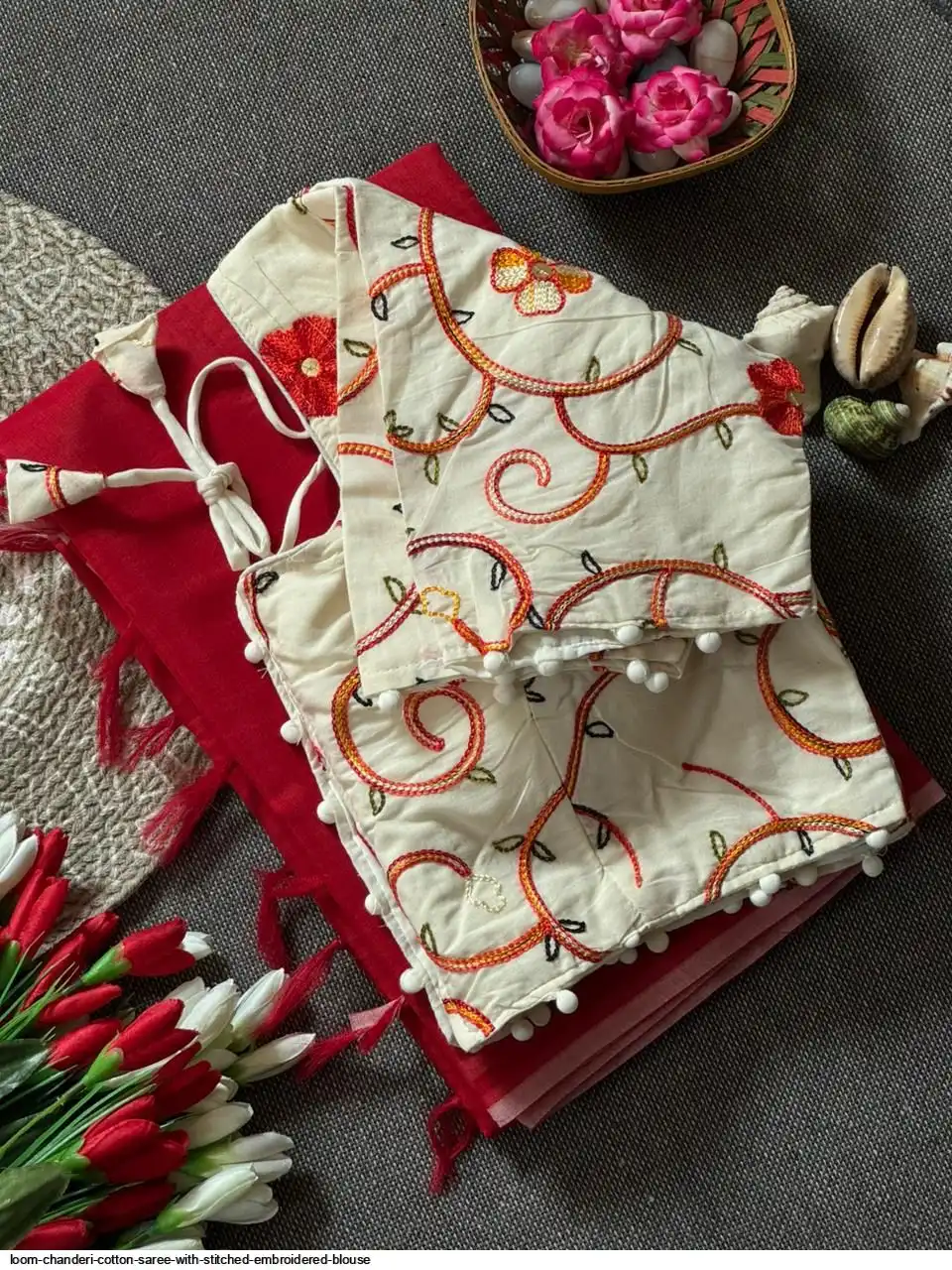 LOOM CHANDERI COTTON SAREE WITH STITCHED EMBROIDERED BLOUSE 1