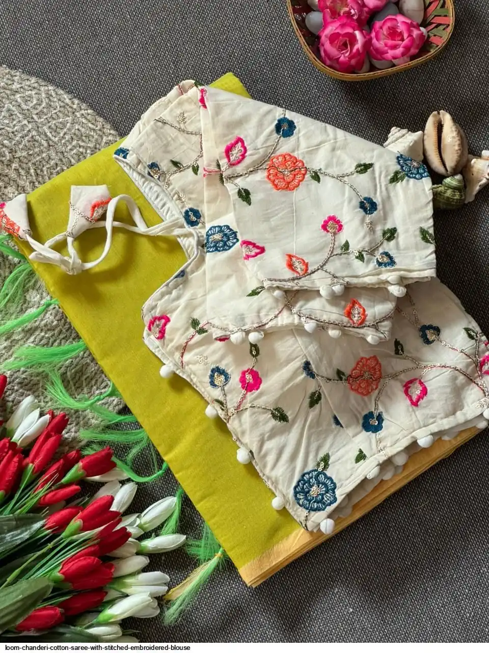 LOOM CHANDERI COTTON SAREE WITH STITCHED EMBROIDERED BLOUSE 3