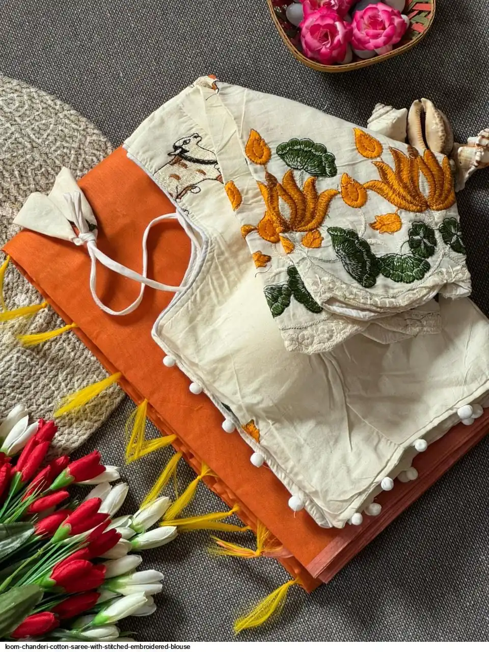 LOOM CHANDERI COTTON SAREE WITH STITCHED EMBROIDERED BLOUSE 7