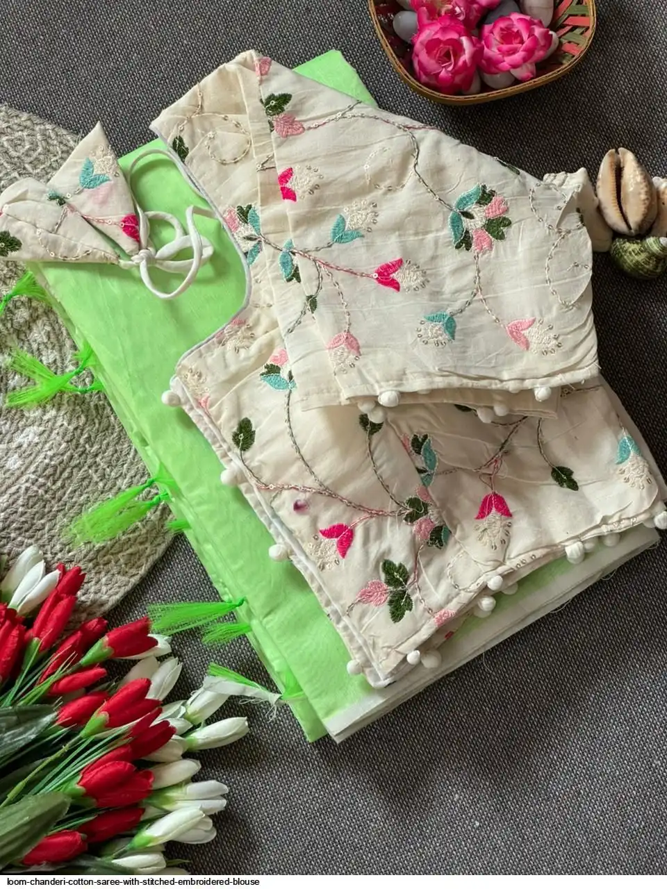 LOOM CHANDERI COTTON SAREE WITH STITCHED EMBROIDERED BLOUSE 10
