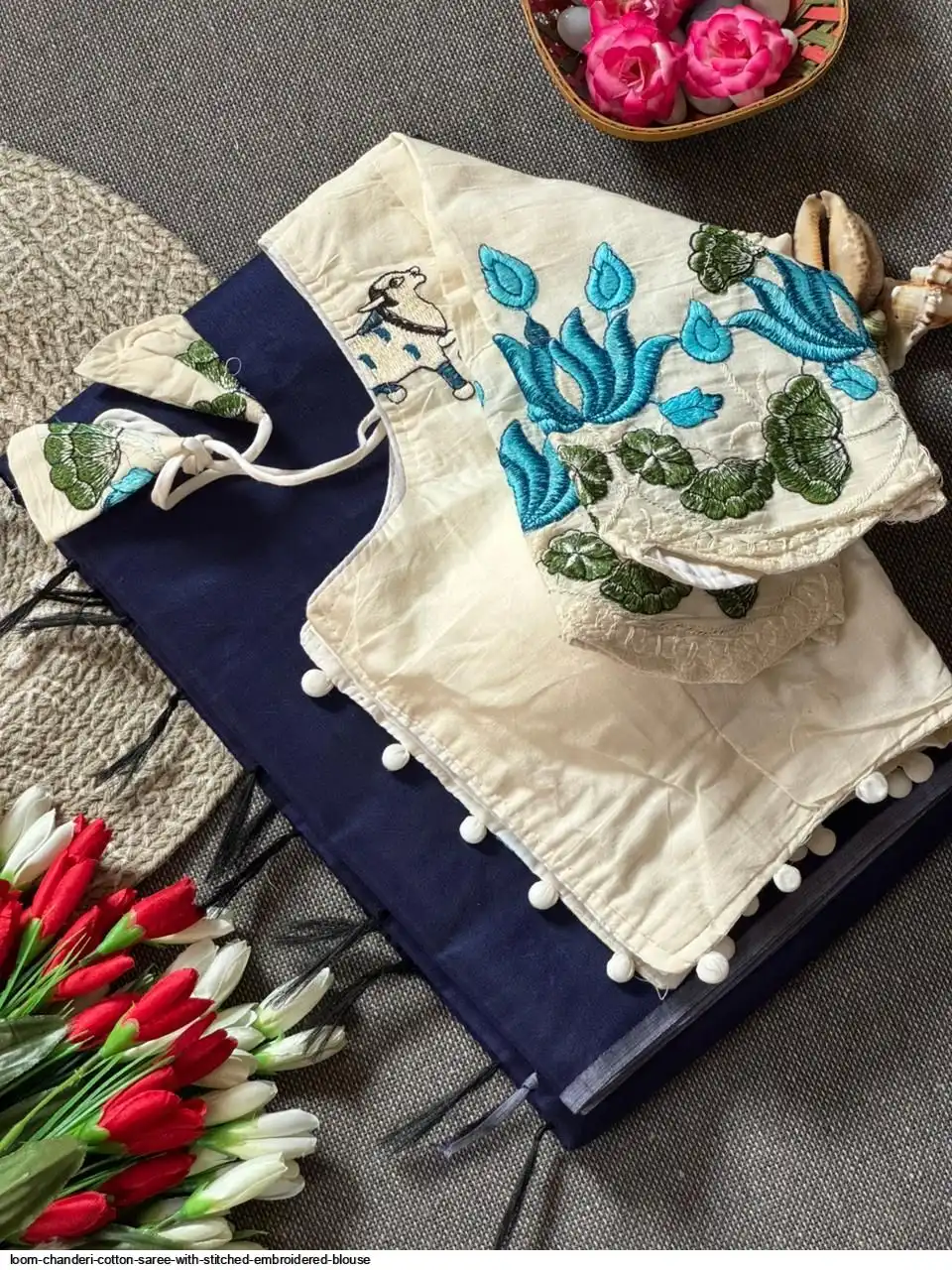 LOOM CHANDERI COTTON SAREE WITH STITCHED EMBROIDERED BLOUSE 8