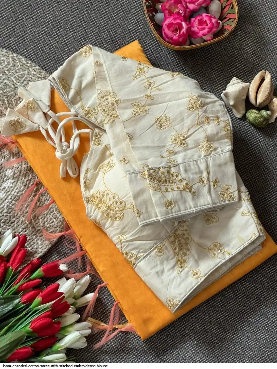 LOOM CHANDERI COTTON SAREE WITH STITCHED EMBROIDERED BLOUSE 19