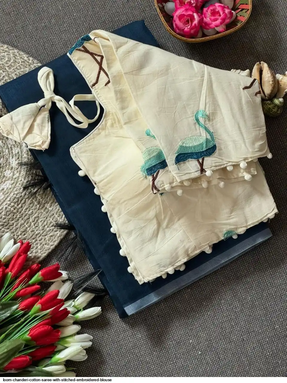 LOOM CHANDERI COTTON SAREE WITH STITCHED EMBROIDERED BLOUSE 12