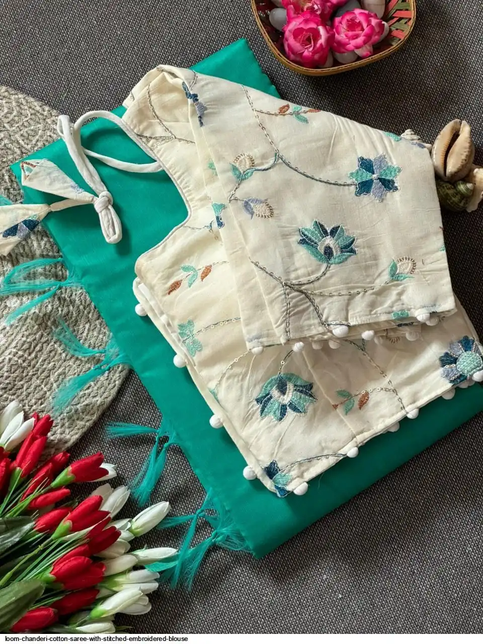 LOOM CHANDERI COTTON SAREE WITH STITCHED EMBROIDERED BLOUSE 18