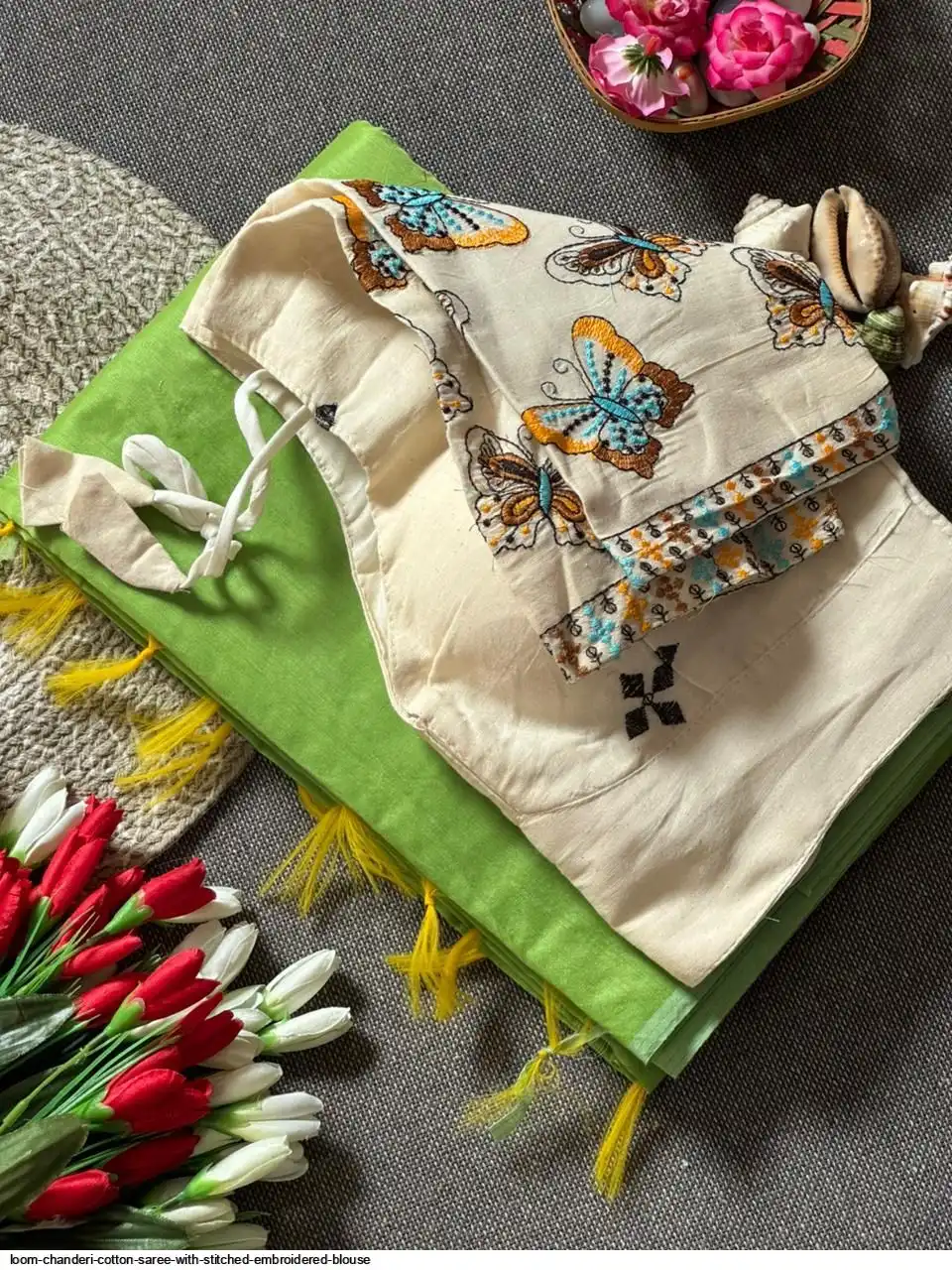 LOOM CHANDERI COTTON SAREE WITH STITCHED EMBROIDERED BLOUSE 16