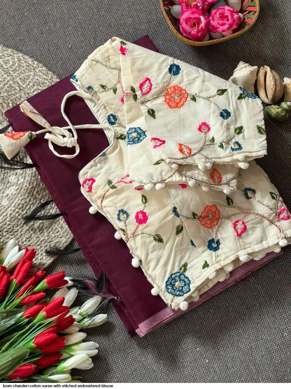 LOOM CHANDERI COTTON SAREE WITH STITCHED EMBROIDERED BLOUSE 14