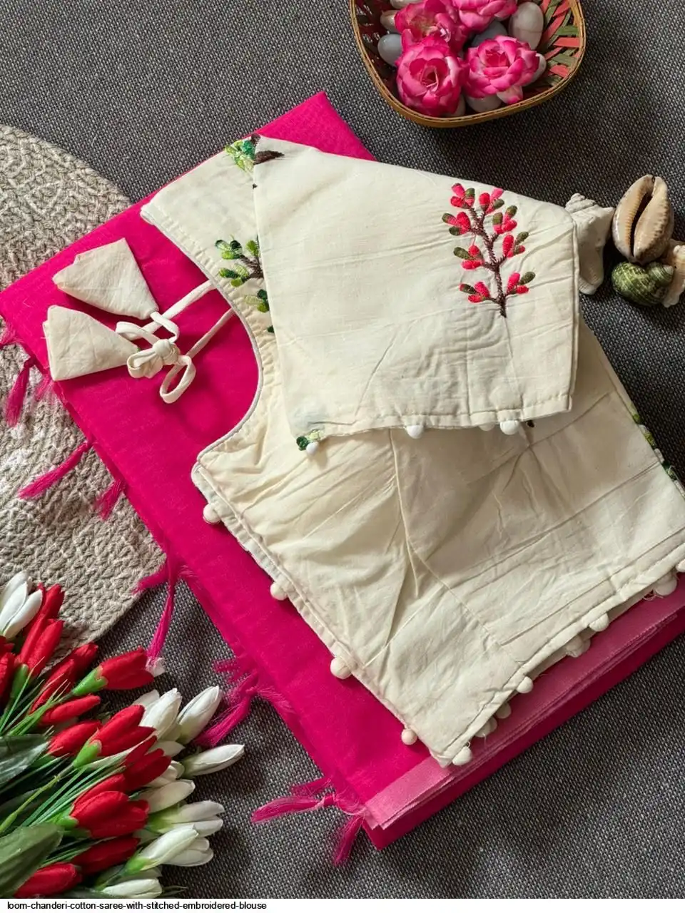 LOOM CHANDERI COTTON SAREE WITH STITCHED EMBROIDERED BLOUSE 20