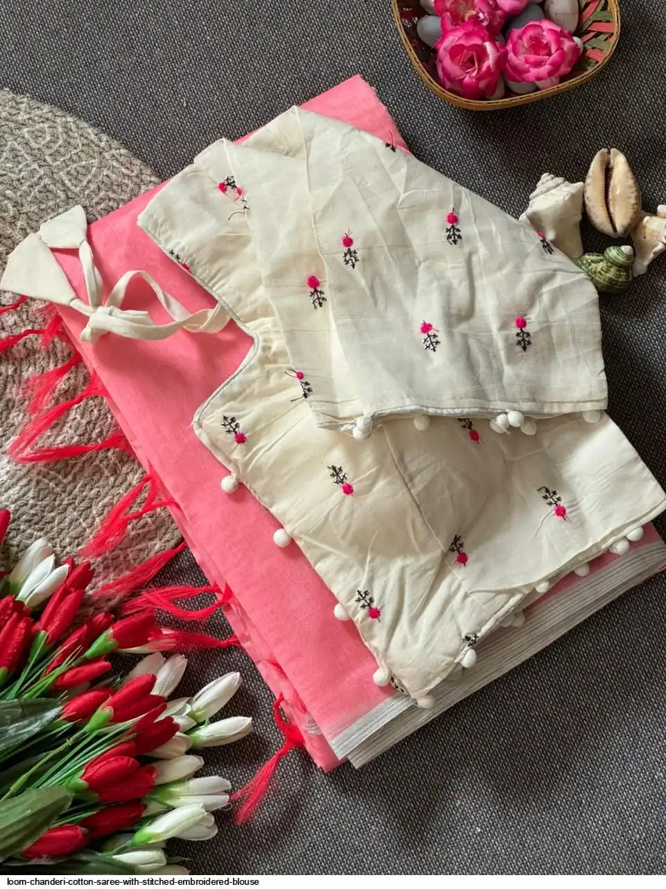 LOOM CHANDERI COTTON SAREE WITH STITCHED EMBROIDERED BLOUSE 2