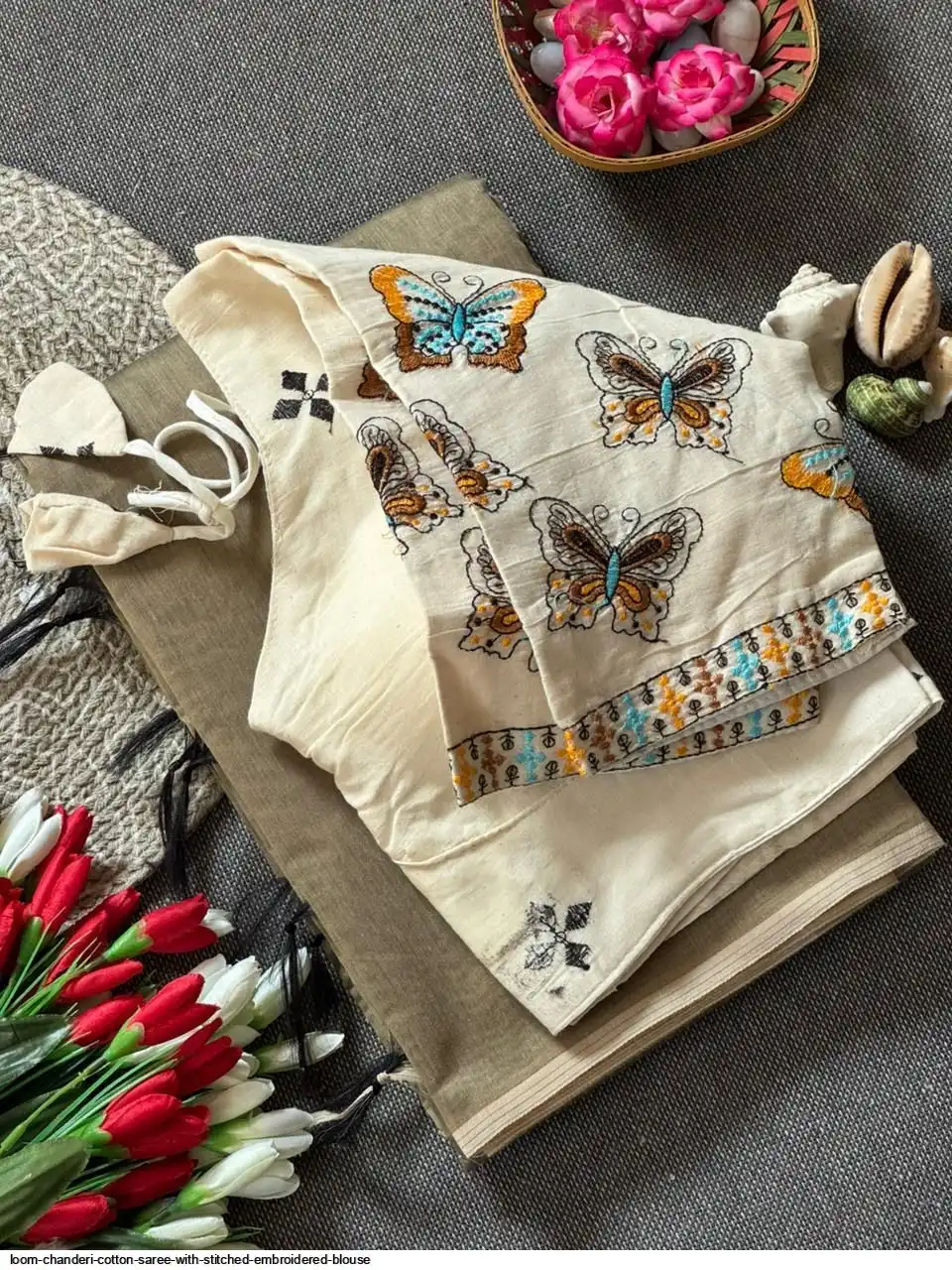LOOM CHANDERI COTTON SAREE WITH STITCHED EMBROIDERED BLOUSE 17