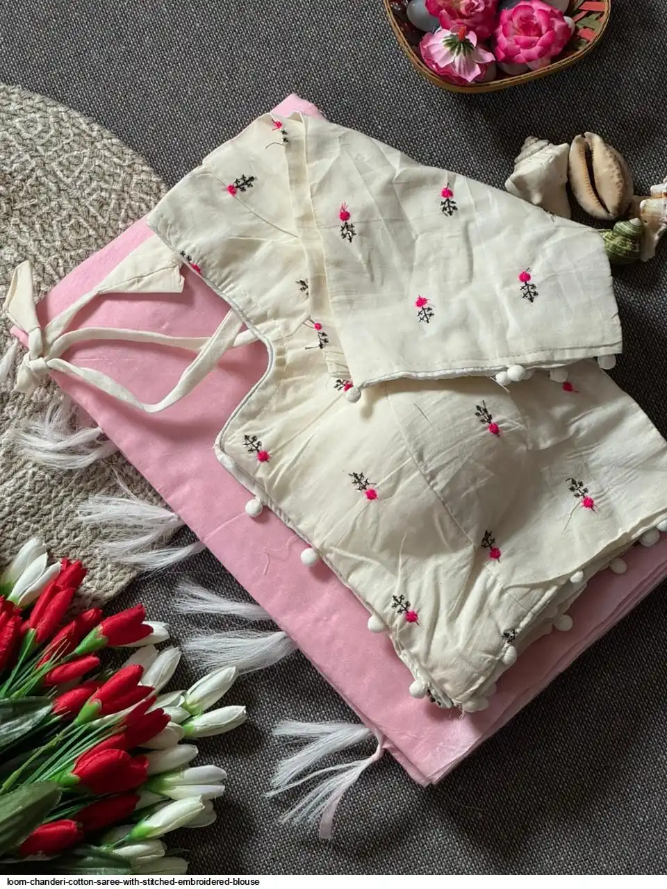 LOOM CHANDERI COTTON SAREE WITH STITCHED EMBROIDERED BLOUSE 13