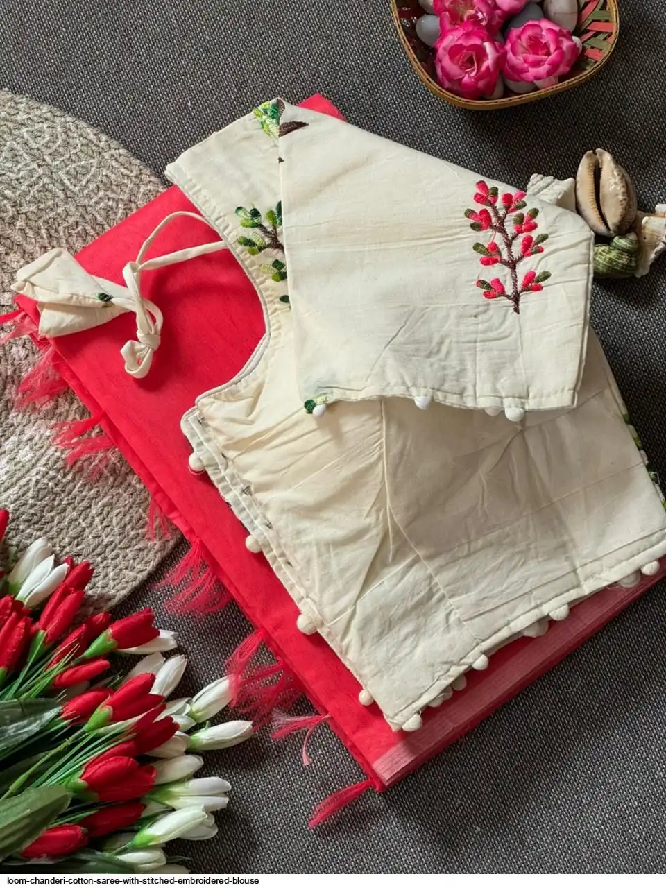 LOOM CHANDERI COTTON SAREE WITH STITCHED EMBROIDERED BLOUSE 11