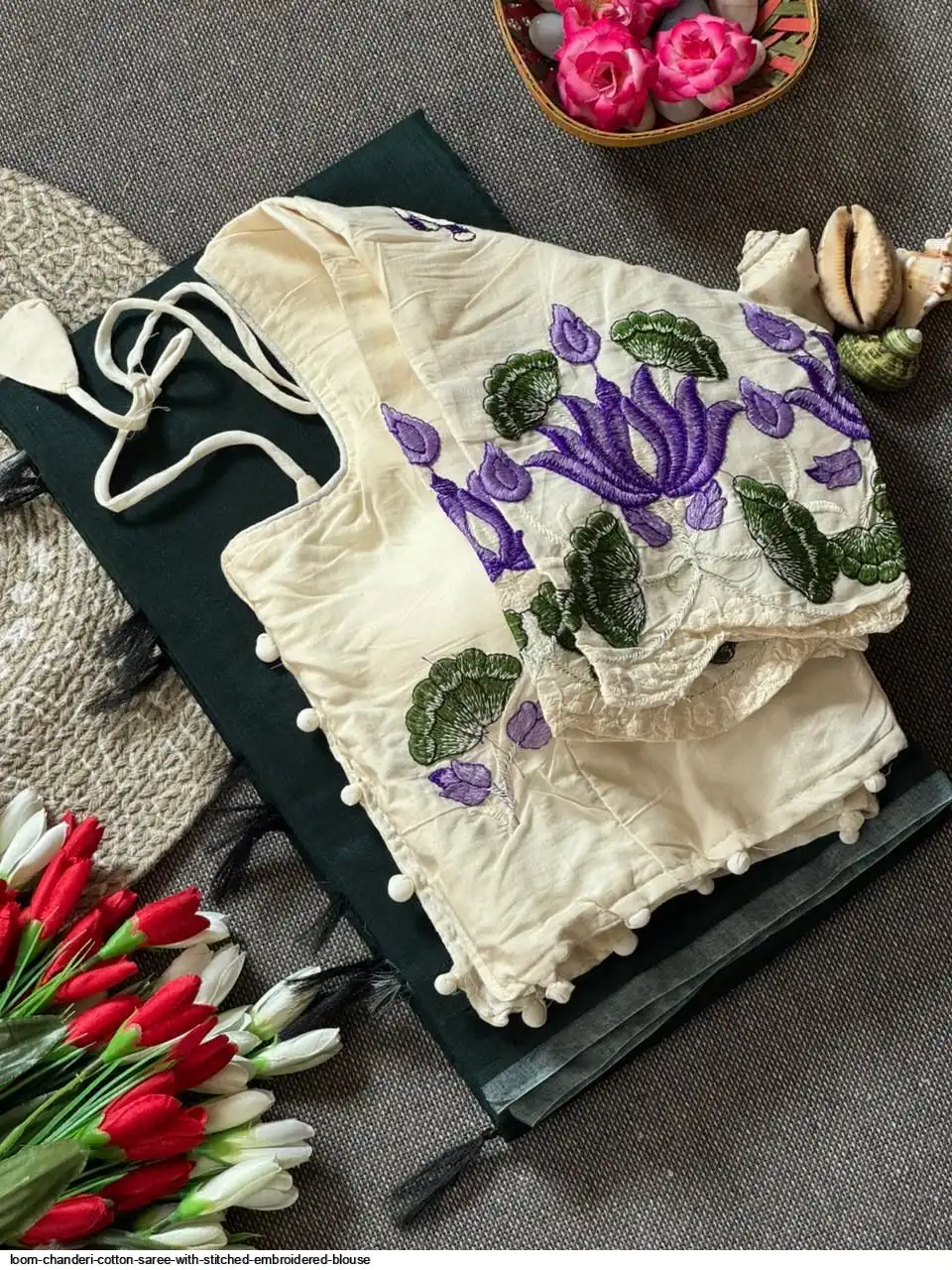 LOOM CHANDERI COTTON SAREE WITH STITCHED EMBROIDERED BLOUSE 5