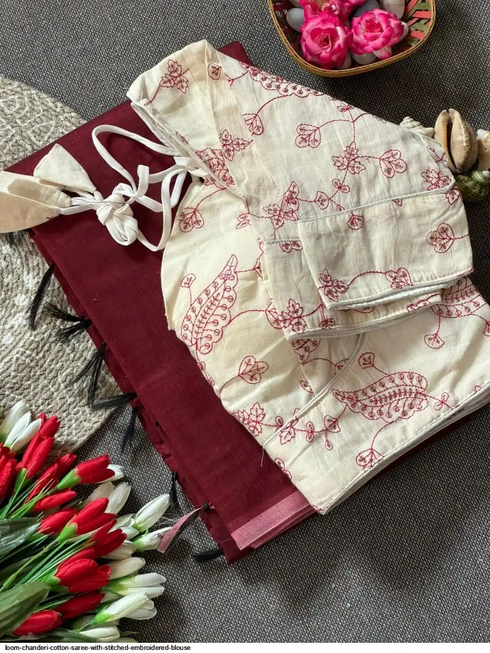 LOOM CHANDERI COTTON SAREE WITH STITCHED EMBROIDERED BLOUSE 6