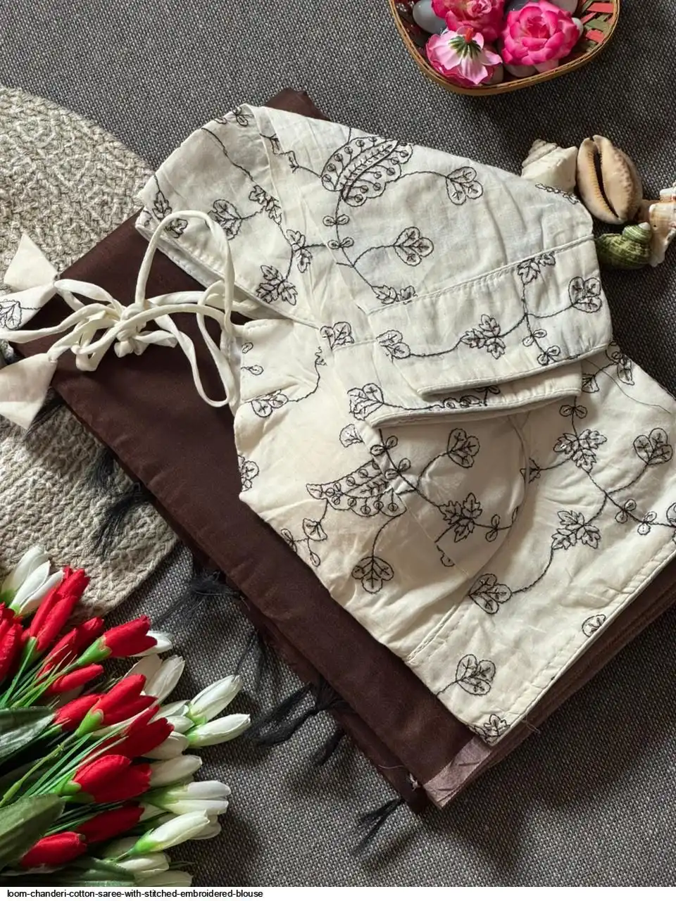 LOOM CHANDERI COTTON SAREE WITH STITCHED EMBROIDERED BLOUSE 15