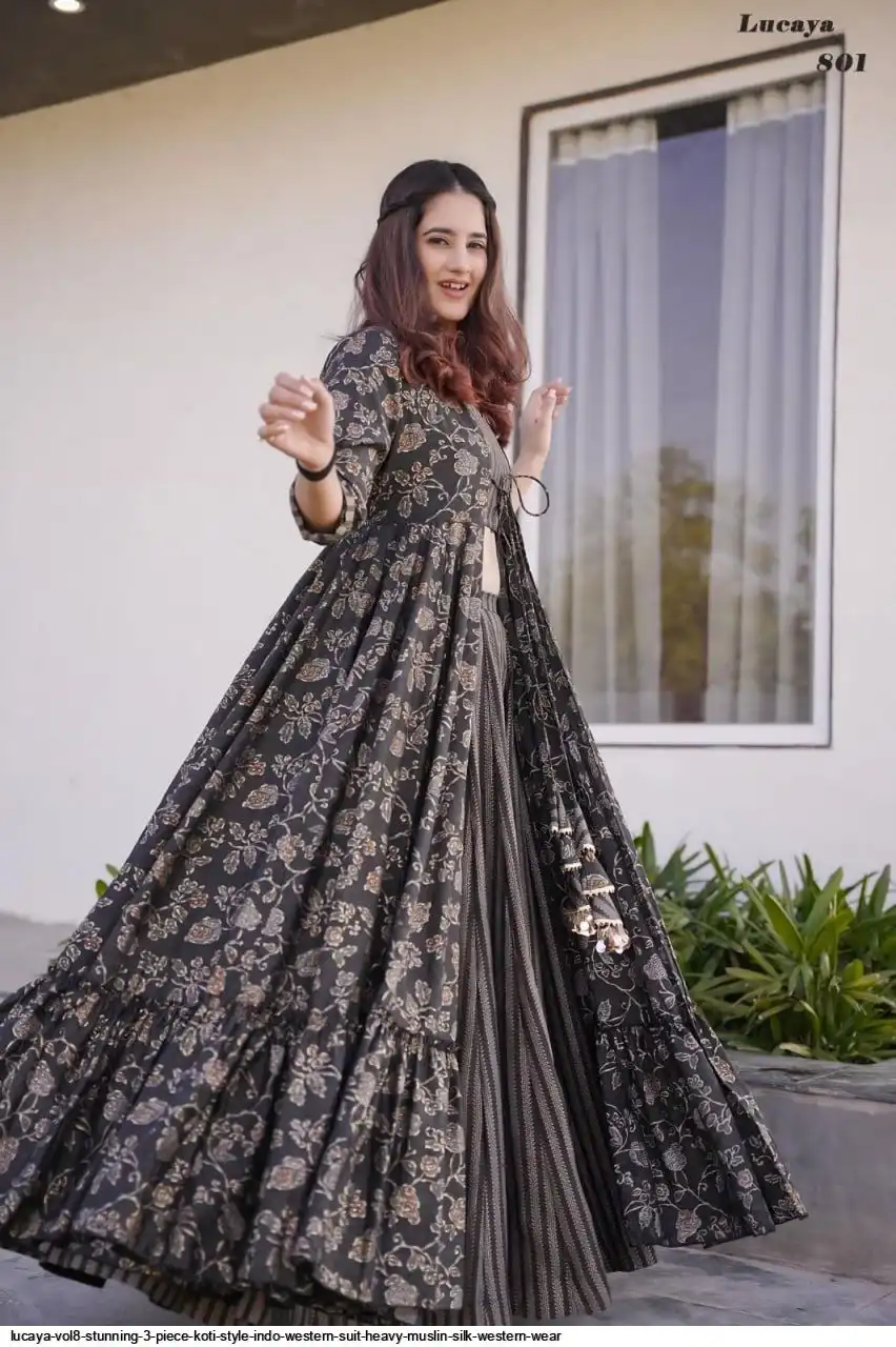 LUCAYA VOL8 STUNNING 3 PIECE KOTI STYLE INDO WESTERN SUIT HEAVY MUSLIN SILK WESTERN WEAR 1