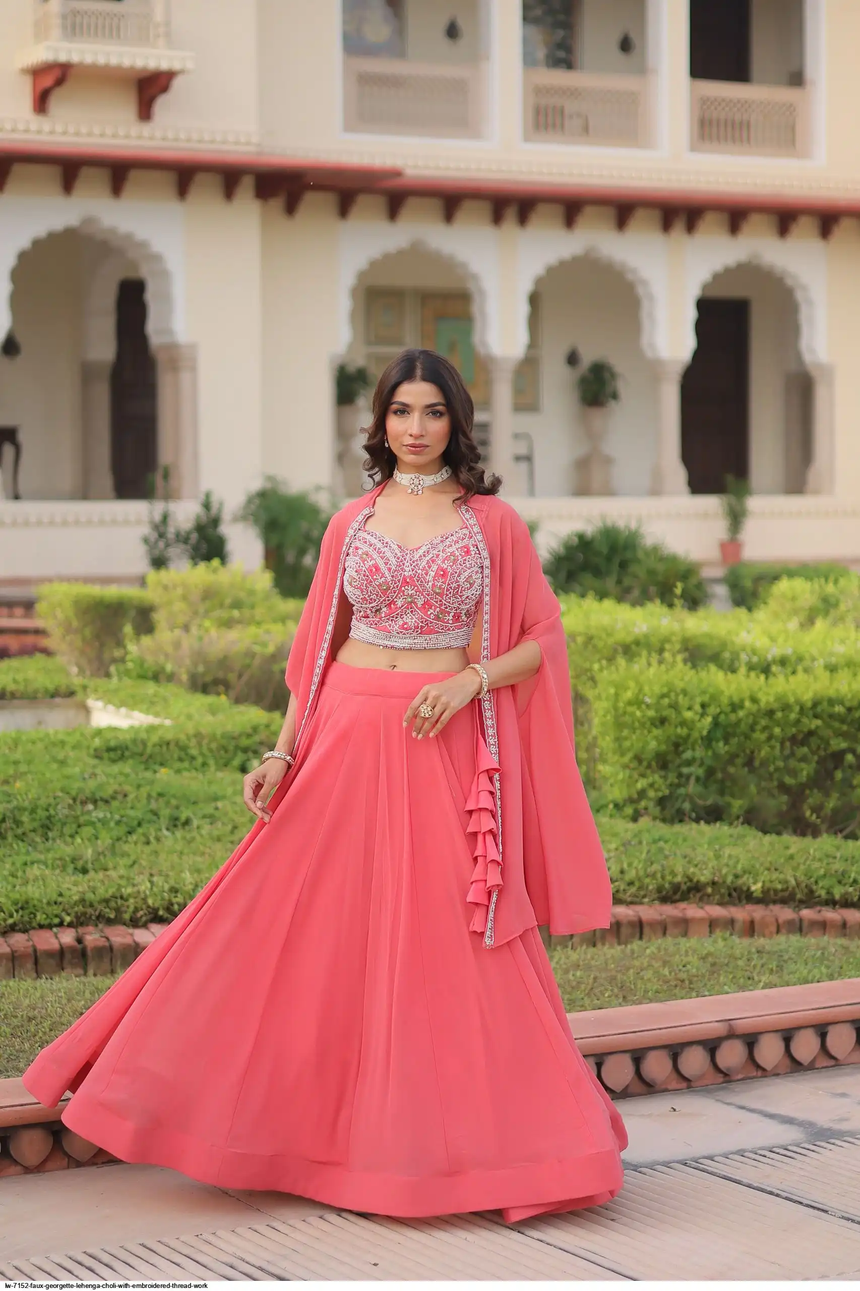 LW 7152 FAUX GEORGETTE LEHENGA CHOLI WITH EMBROIDERED THREAD WORK A