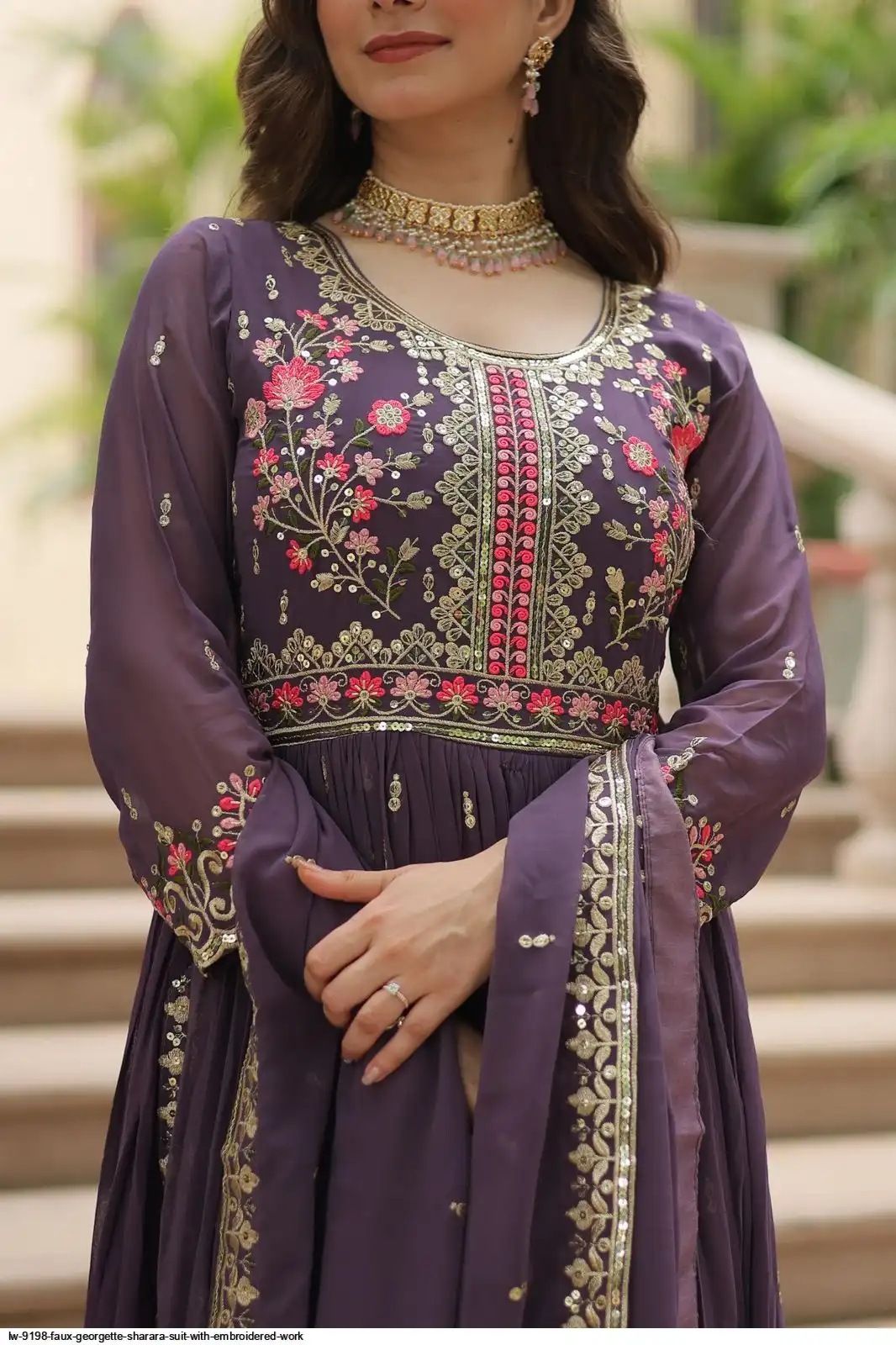 LW-9198 Faux Georgette Sharara Suit with Embroidered Work