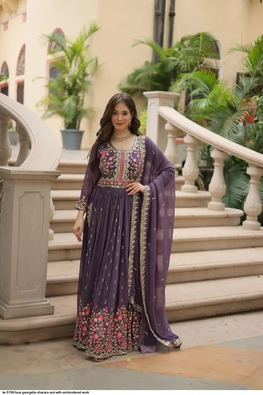 LW 9198 FAUX GEORGETTE SHARARA SUIT WITH EMBROIDERED WORK A