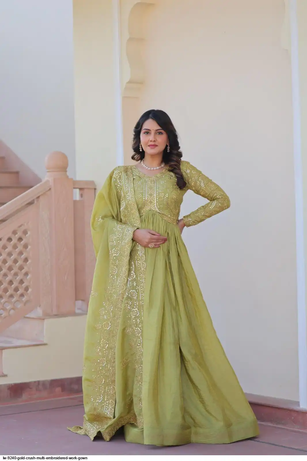 LW 9240 GOLD CRUSH MULTI EMBROIDERED WORK GOWN B