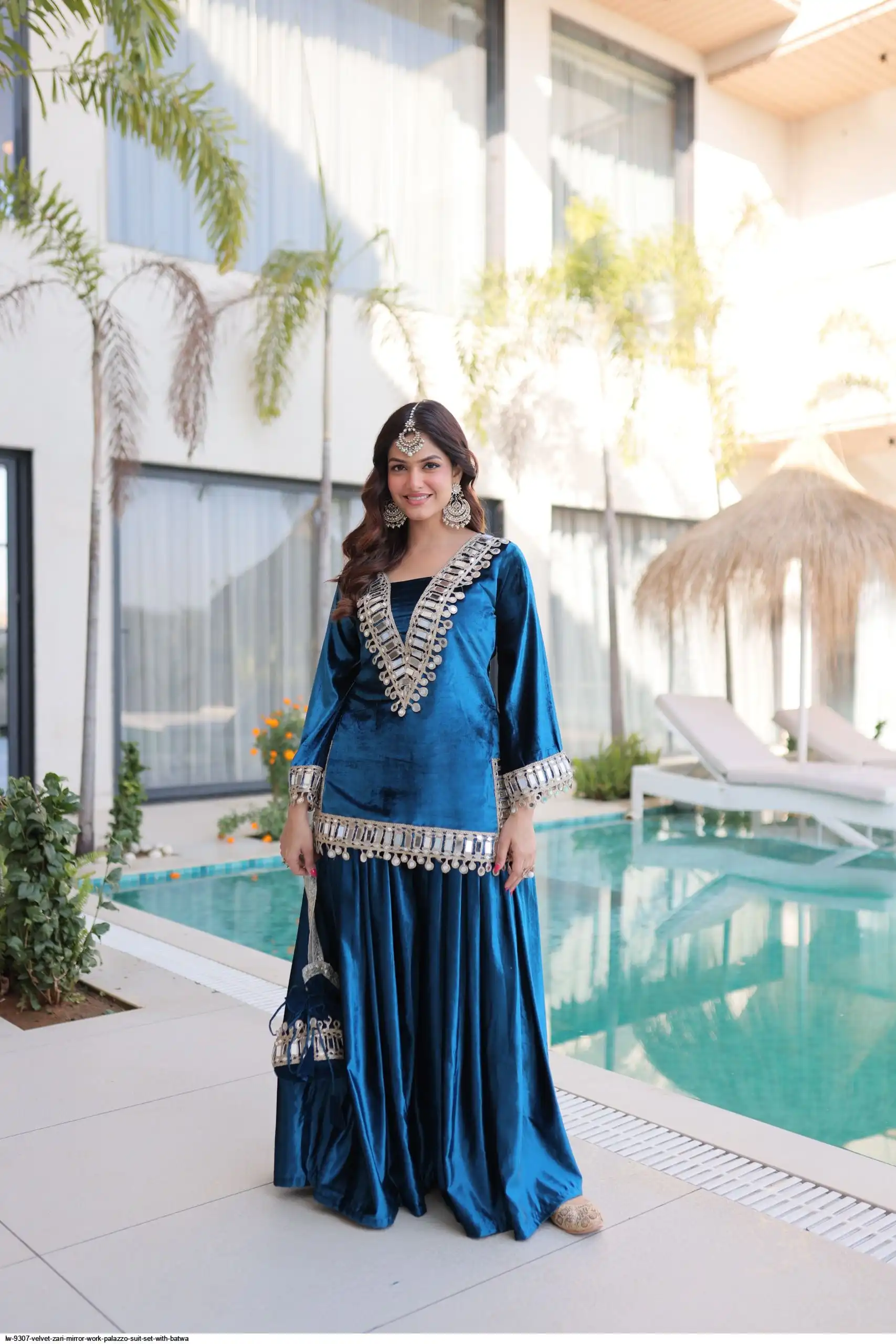 LW 9307 VELVET ZARI MIRROR WORK PALAZZO SUIT SET WITH BATWA B