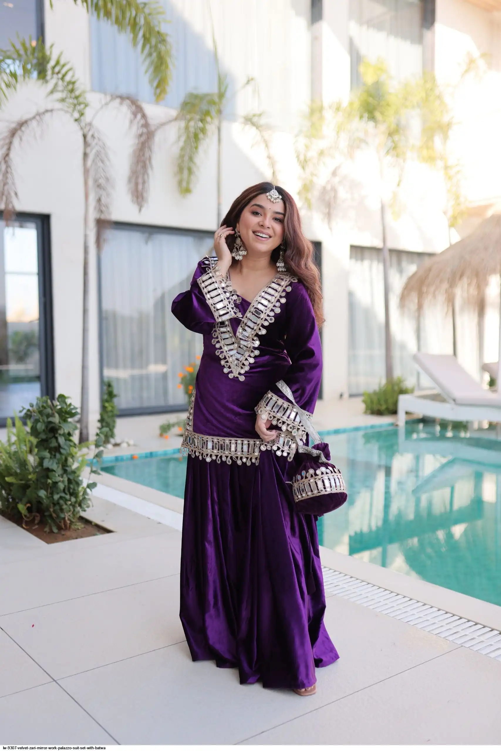 LW 9307 VELVET ZARI MIRROR WORK PALAZZO SUIT SET WITH BATWA A