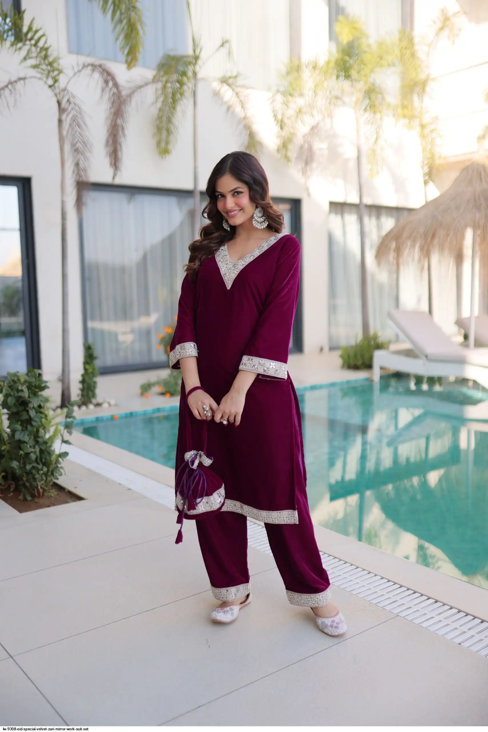 LW 9308 EID SPECIAL VELVET ZARI MIRROR WORK SUIT SET B